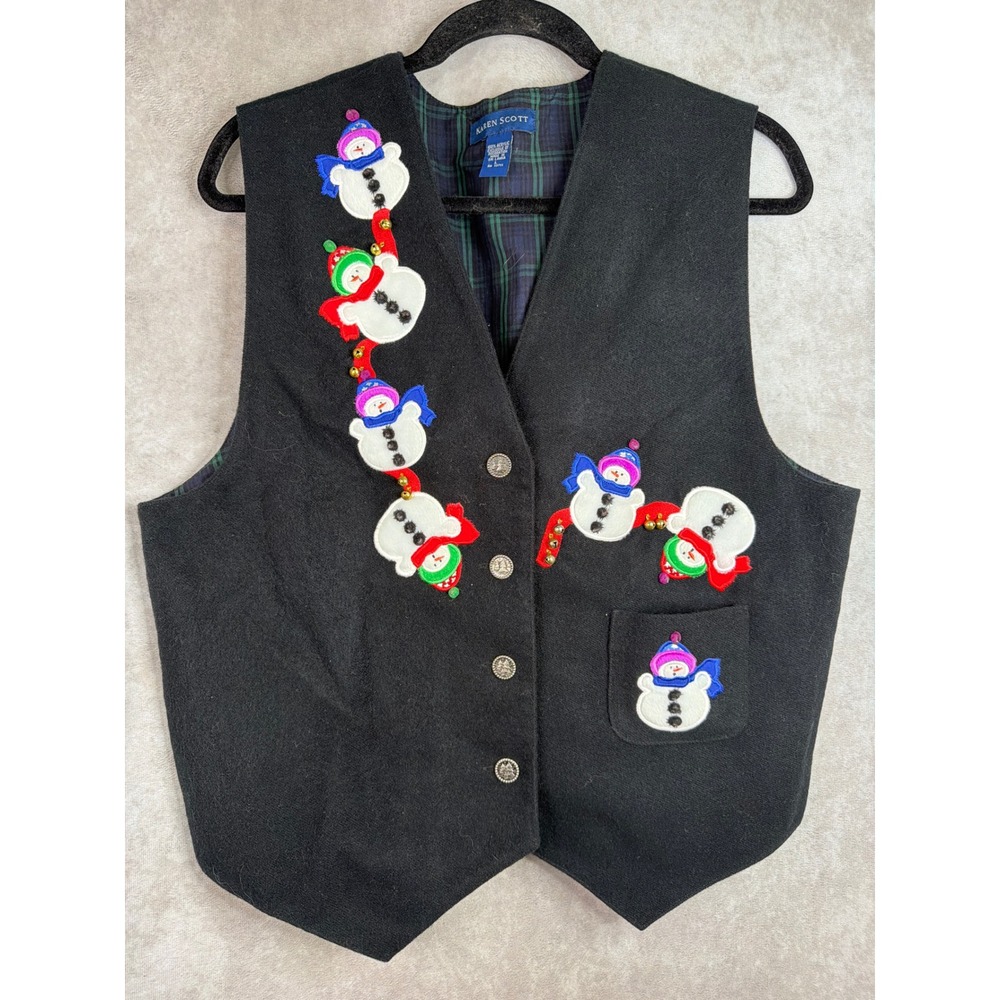 NWOT VTG Karen Scott Vest L Black Snowman Holiday Christmas Plaid Lined Bells